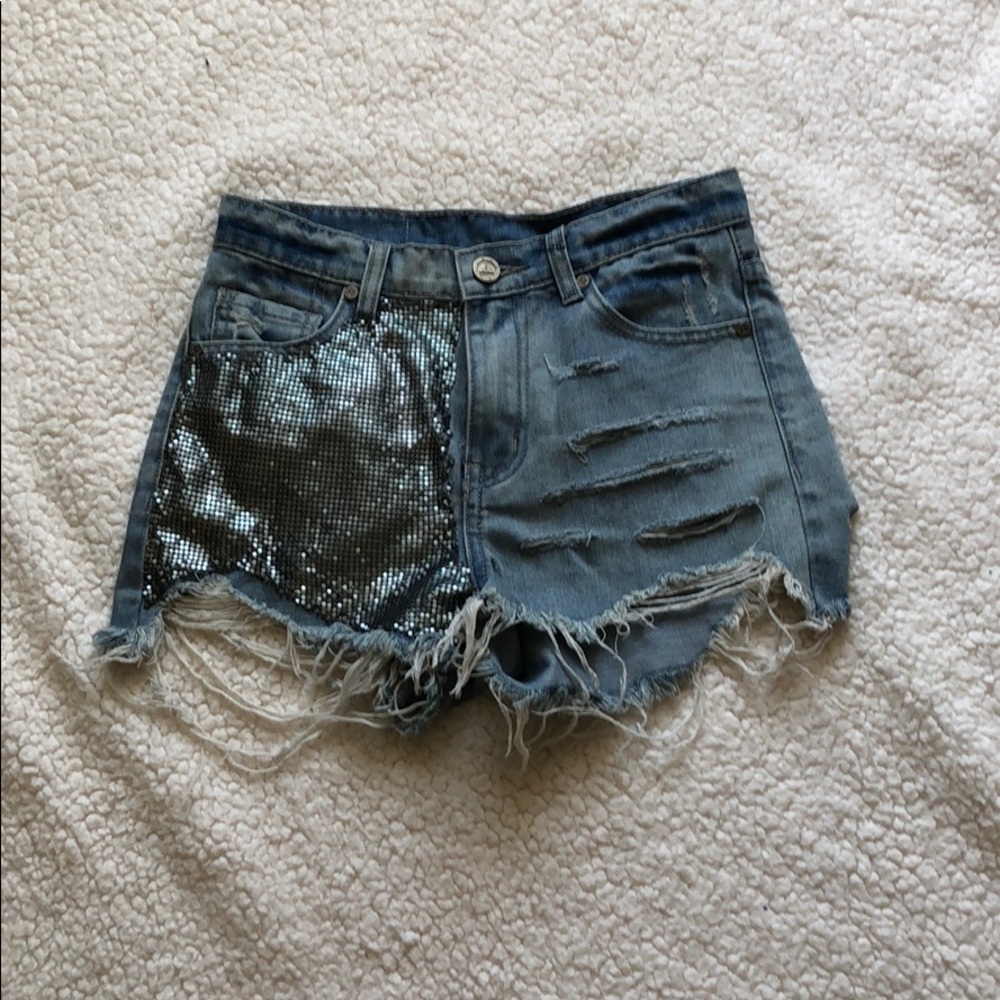 Metallic accent denim cutoffs